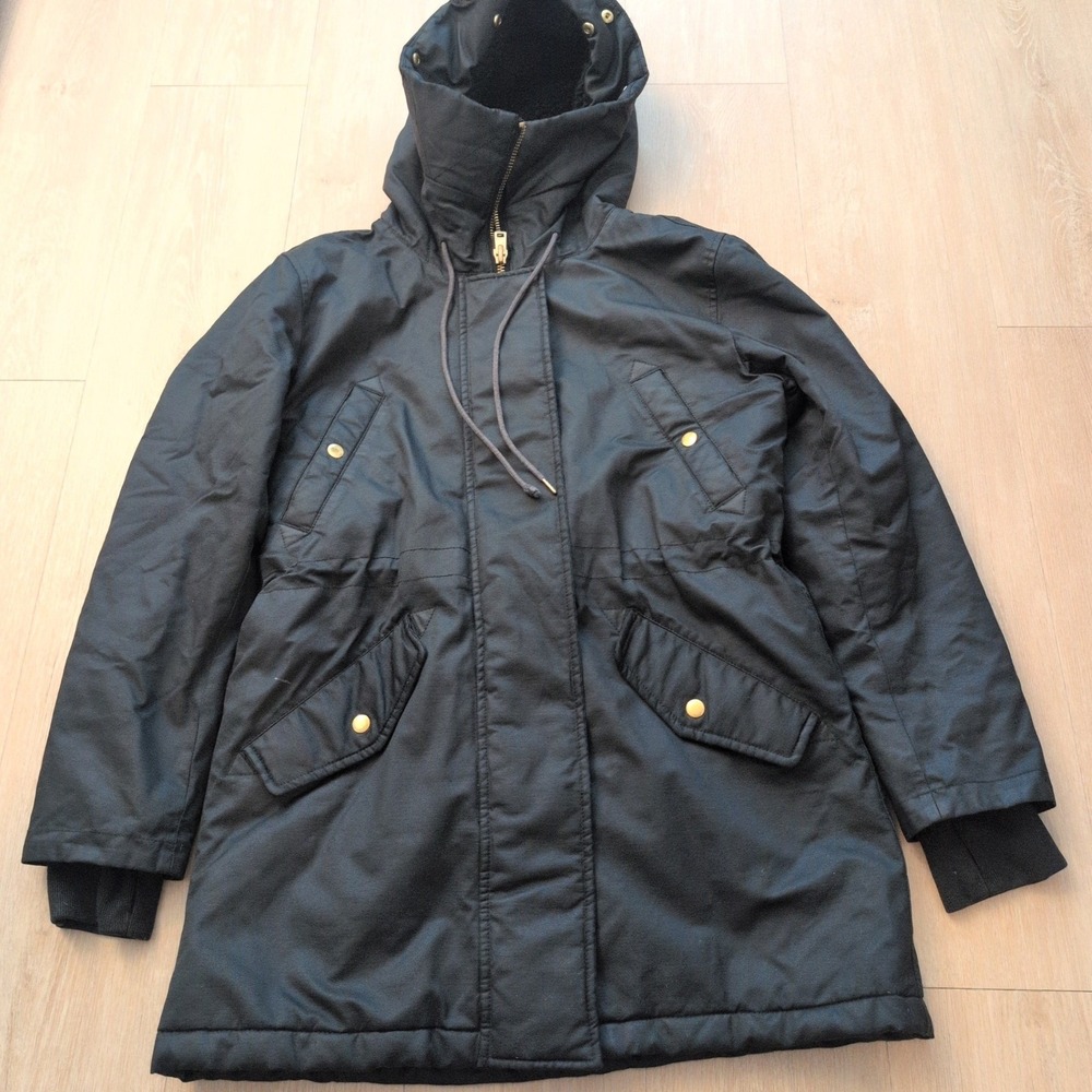 J.Crew Womens Medium Black Sherpa Lined Hooded Parka Jacket Gold Hardware